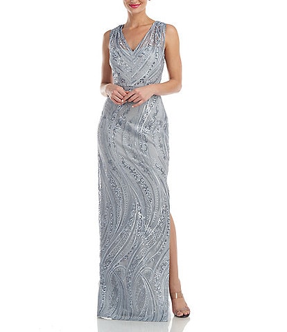 JS Collections Embroidered V-Neck Sleeveless Side Slit Sheath Gown