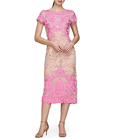 JS Collections Floral Embroidered Mesh Square Neck Cap Sleeve Midi Dress
