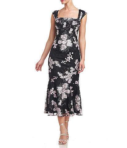 JS Collections Floral Embroidered Mesh Square Neck Cap Sleeve Midi Dress