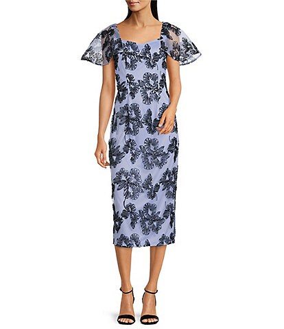 JS Collections Floral Print Short Mesh Wide Sleeve Square Sweetheart Neck Midi Dress