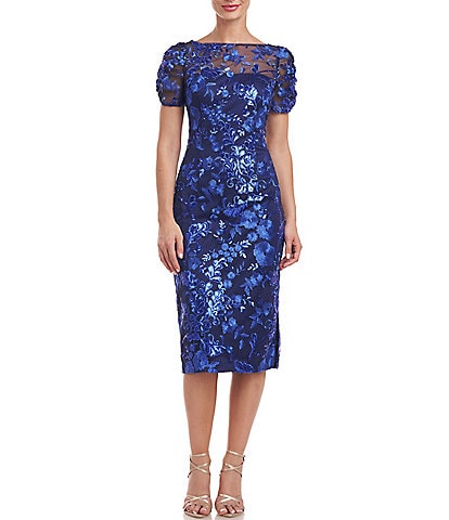JS Collections Floral Sequin Embroidered Illusion Boat Neck Short Sleeve Midi Dress
