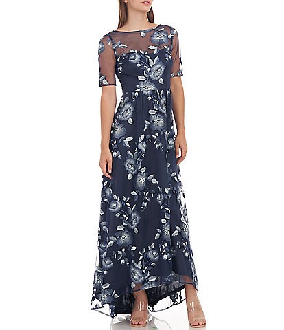 JS Collections Floral Sequin Embroidery Illusion Boat Neckline High-Low Gown