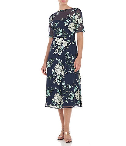 JS Collections Floral Sequin Illusion Boat Neck Short Sleeve A-Line Midi Dress