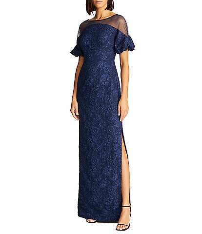 JS Collections Floral Stretch Jacquard Illusion Boat Neck Short Puffed Sleeve Gown