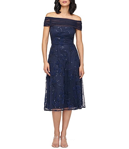 JS Collections Gemma Off-The-Shoulder Beaded Pearl Soutache Mesh A-Line Midi Dress