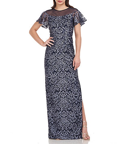 JS Collections Illusion Crew Neck Short Flutter Sleeve Embroidered Mesh Gown