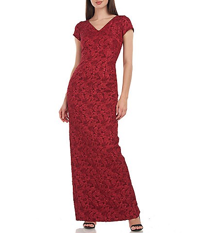 JS Collections Jacquard V-Neck Cap Sleeve Sheath Gown