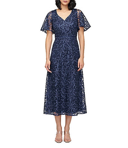 JS Collections Jess V-Neck Illusion Flutter Sleeve Embroidered Mesh A-Line Midi Dress