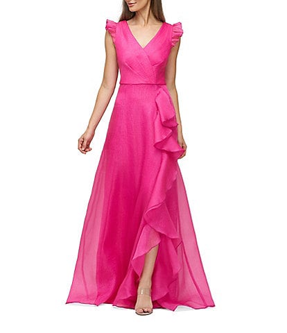 JS Collections Julie Double V-Neck Ruffle Front Organza A-Line Gown