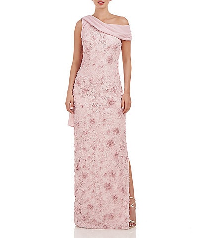 JS Collections Lace Floral Soutache Asymmetrical Neck with Chiffon Drape Back Gown