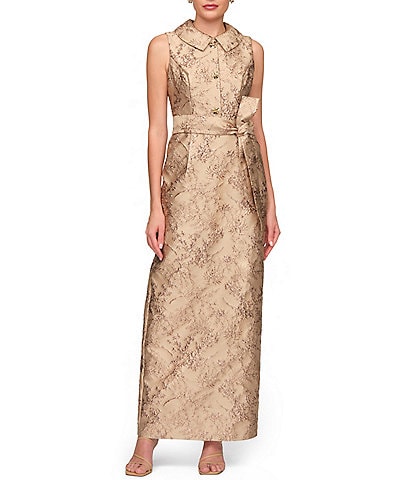 JS Collections Myrtle Metallic Jacquard Print Point Flat Collar Sleeveless Column Gown