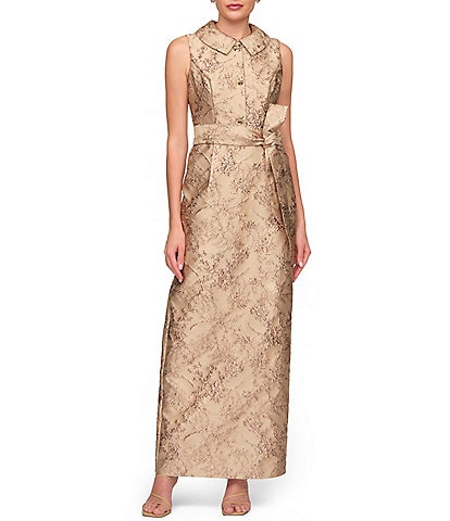 JS Collections Myrtle Metallic Jacquard Print Point Flat Collar Sleeveless Column Gown