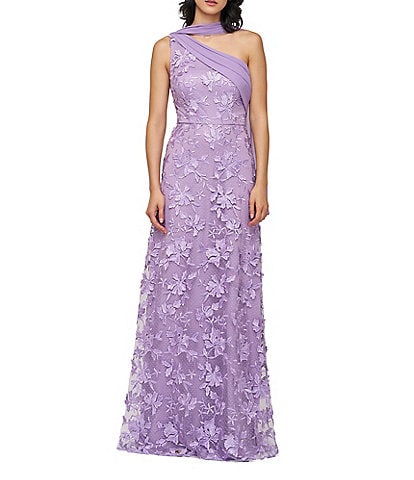 JS Collections Nola Asymmetrical Scarf One Shoulder Embroidered Mesh A-Line Gown