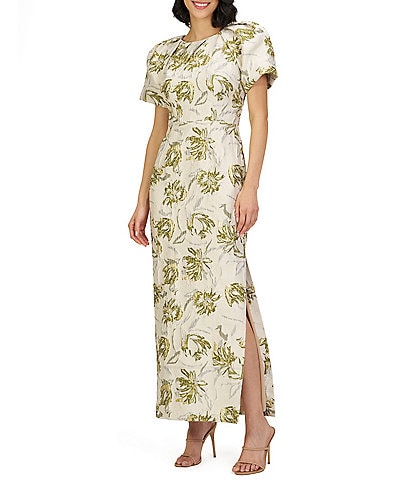 JS Collections Penny Round Neck Puff Sleeve Abstract Floral Stretch Jacquard Column Gown