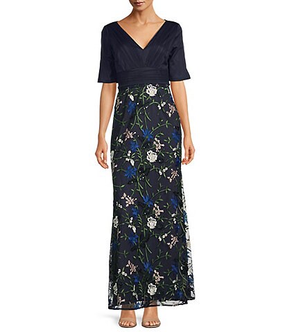 JS Collections Sequin Embroidered Floral Print Mesh Pleated Waistband Gown