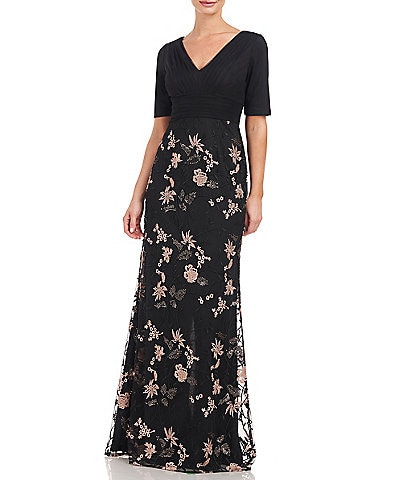JS Collections Sequin Embroidered Floral Print Mesh Pleated Waistband Gown
