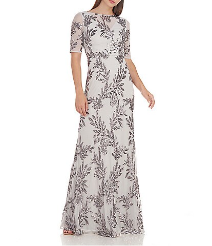 JS Collections Sequin Floral Print Short Sleeve Gown