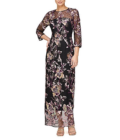 JS Collections Sequin Lace Mesh Embroidered Rose Vine Crew Neck 3/4 Sleeve Illusion Hem Column Gown