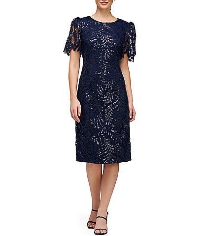 JS Collections Sequin Lace Round Neckline Short Puff Sleeve Sheath Dress