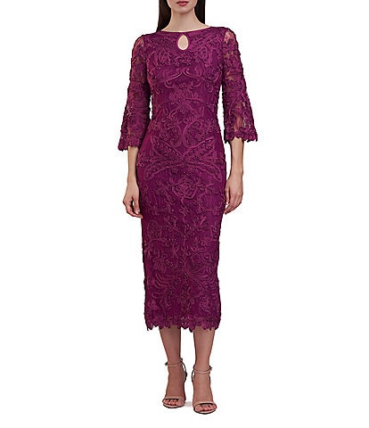 JS Collections Soutache Lace Keyhole Neck 3/4 Sheer Bell Sleeve Back Slit Sheath Dress