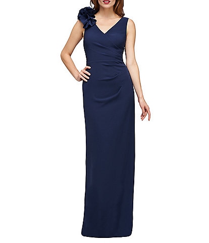 JS Collections Stretch Crepe Surplice V Neckline Sleeveless 3D Ruffle Shoulder Gown