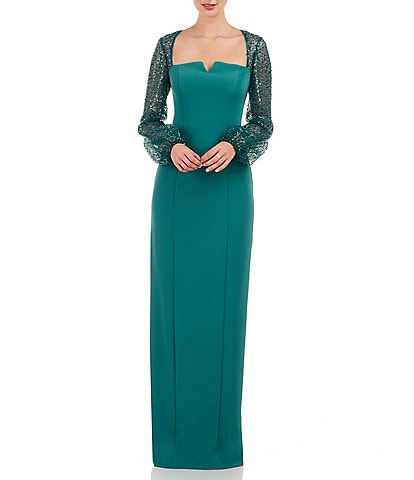 JS Collections Stretch Crepe Sweetheart Neck Sequin Beaded Long Sleeve Gown