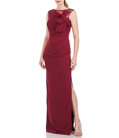 JS Collections Stretch Illusion Boat Neck Sleeveless Bow Front Gown