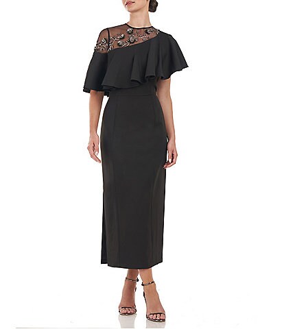 JS Collections Stretch Illusion Off-the-Shoulder Short Flutter Asymmetrical Sleeve Cascading Ruffle Beaded Sheath Midi Dress