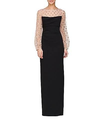 JS Collections Stretch Scuba Crepe Pearl Sequin Boat Neck Balloon Sleeve Back Slit Column Gown