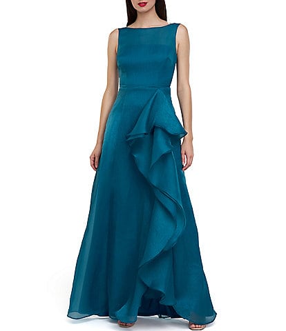 JS Collections Texture Organza Bateau Neck Sleeveless Oversize Ruffle Cascade Front Side Slit Hem Ball Gown