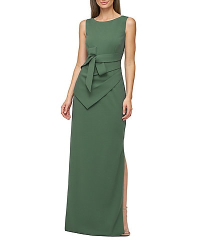 JS Collections Tianna Gown Round Neck Bow Front Stretch Crepe Column Gown