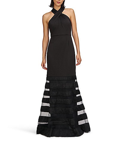 JS Collections Willa Twist Front Halter Mesh Insert Hem Stretch Crepe Mermaid Gown
