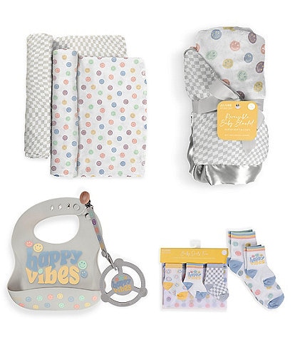 JuJuBe Everyday Essentials Happy Baby Vibes Swaddle Blankets, Reversible Blanket, Socks, Bib, & Teether Ring, Baby Bundle