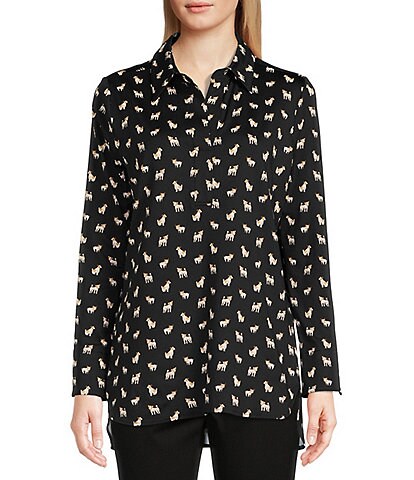 Jude Connally Jack Russel Terrier Party Print Hadley Jude Cloth Stretch Knit Point Collar Long Sleeve High-Low Top