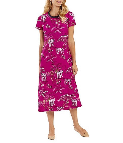 Jude Connally Alexandra Elephant Safari Print Jude Cloth Stretch Knit Crew Neck Short Sleeve A-Line Midi T-Shirt Dress