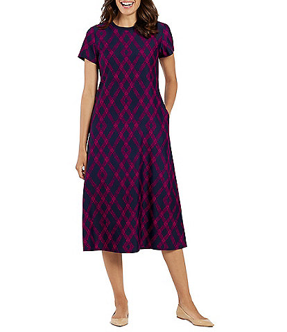 Jude Connally Alexandra Jude Cloth Stretch Knit Diamond Lattice Print Crew Neck Short Sleeve A-Line Midi T-Shirt Dress