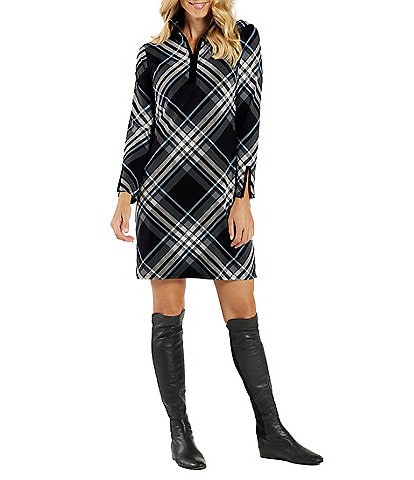 Jude Connally Anna Jude Cloth Stretch Knit Wrinkle-Free Plaid Print High Stand Collar Long Sleeve Shift Dress