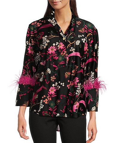 Jude Connally Belinda Floral Menagerie Print Jude Cloth Stretch Knit Wrinkle-Free Stand Collar 3/4 Sleeve Top