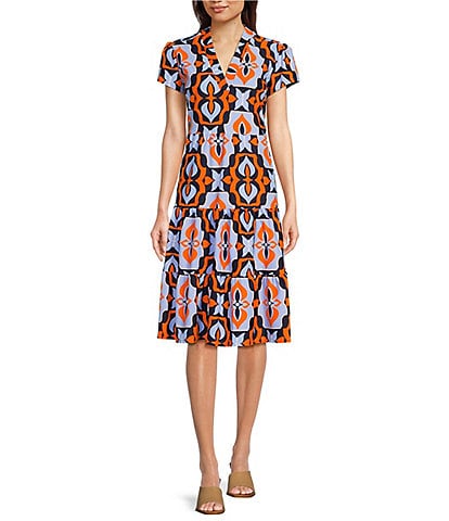 Jude Connally Butterfly Tile Navy Print Jude Cloth Knit V-Neck Short Puff Sleeve A-Line Tiered Midi Dress