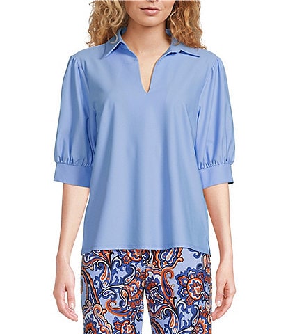 Jude Connally Calista Jude Cloth Knit Stretch Point Collar V-Neck Short Puffed Sleeve Top