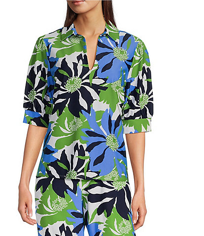 Jude Connally Calista Jude Cloth Knit Stretch Blossom Print Point Collar V-Neck Short Puffed Sleeve Top