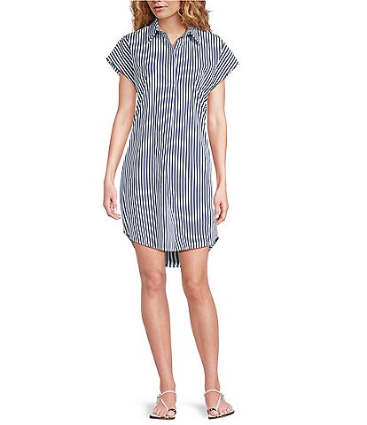Jude Connally Carter Stripe Print Point Collar Short Sleeve Shirt Dress