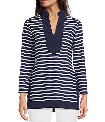 Jude Connally Chris Everyday Stripe Print Jude Cloth Stretch Knit Mandarin Collar Bracelet Sleeve Coordinating Top