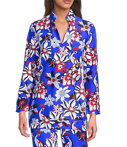 Jude Connally Chris Everyday Twirling Peacock Print Jude Cloth Stretch Knit Mandarin Collar Bracelet Sleeve Coordinating Top