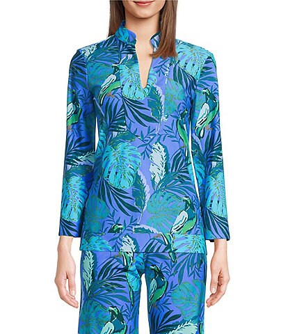Jude Connally Chris Paradise Parrot Print Jude Cloth Stretch Knit Mock V-Neck 3/4 Sleeve Coordinating Top