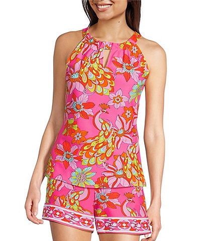 Jude Connally Claire Knit Twirling Peacock Print Keyhole Halter Neck Sleeveless Top