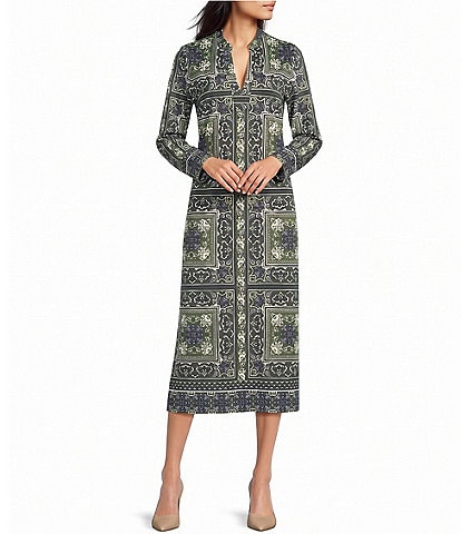Jude Connally Devon Jude Cloth Palace Tapestry Loden Print V-Neck Long Sleeve Caftan Dress