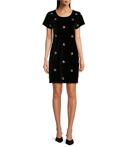 Jude Connally Ella Velvet Studded Round Neck Short Sleeve Mini Dress