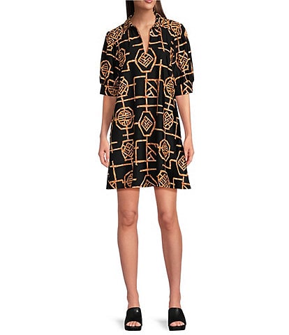 Jude Connally Emerson Bamboo Lattice Print Jude Cloth Knit Point Collar Puffed Sleeve Shift Dress