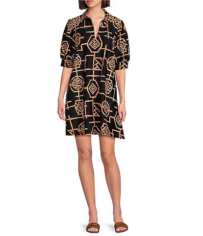 Jude Connally Emerson Bamboo Lattice Print Jude Cloth Knit Point Collar Puffed Sleeve Shift Dress